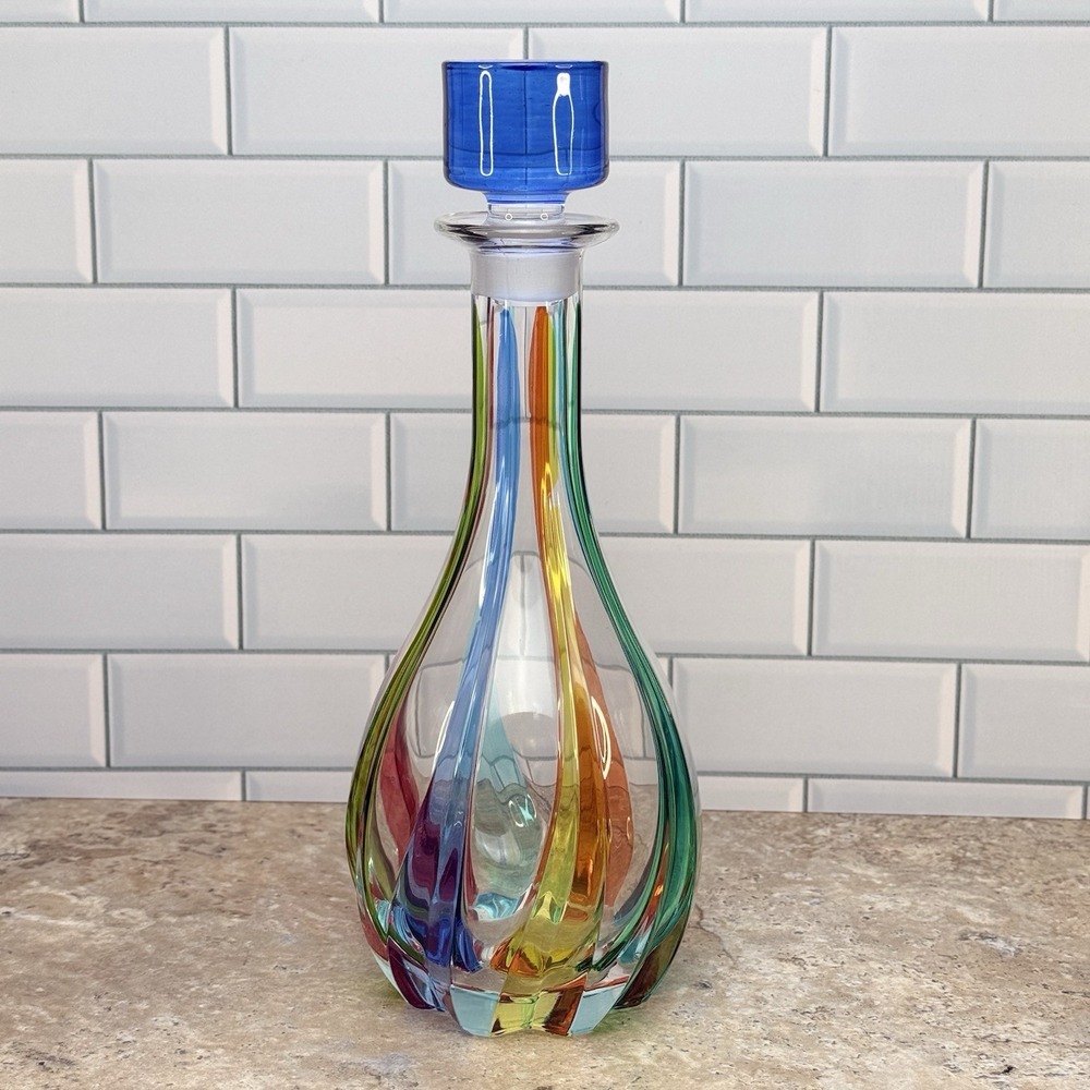 CC Zecchin Venezia Art Glass Rainbow Decanter Cobalt Stopper Italy 12"